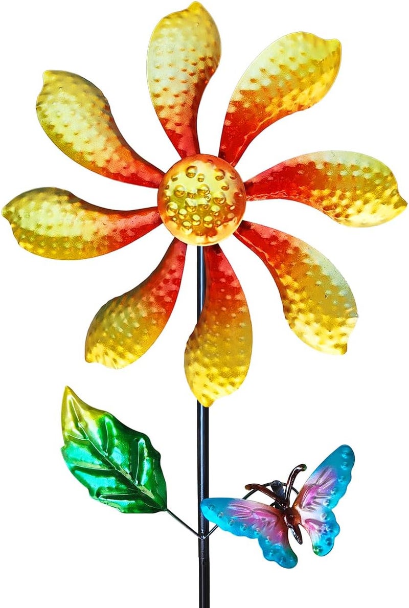 Senflame Metal Outdoor Flower Wind Spinner with Yellow Floral & Blue Butterfly, Decorative Kinetic Wind Sculpture for Yard, Garden, Patio, Lawn - Vibrant Garden Art & Lawn Ornament for Outdoor Decor - Image 1